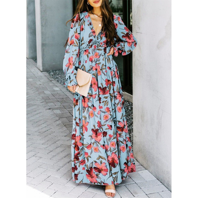Women's Ruffled Layered Long Sleeve Dress Floral Pullover