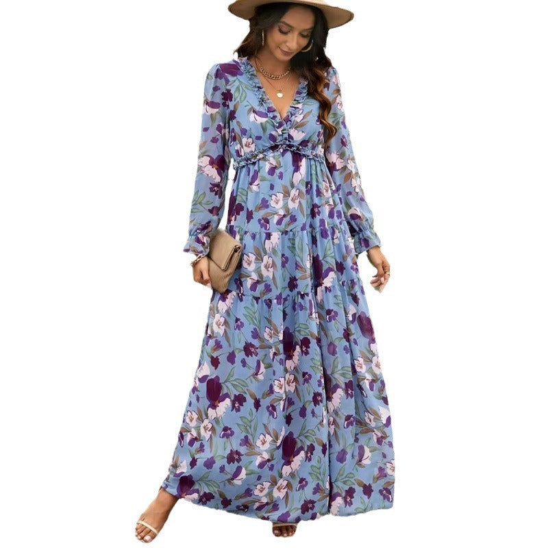 Women's Ruffled Layered Long Sleeve Dress Floral Pullover