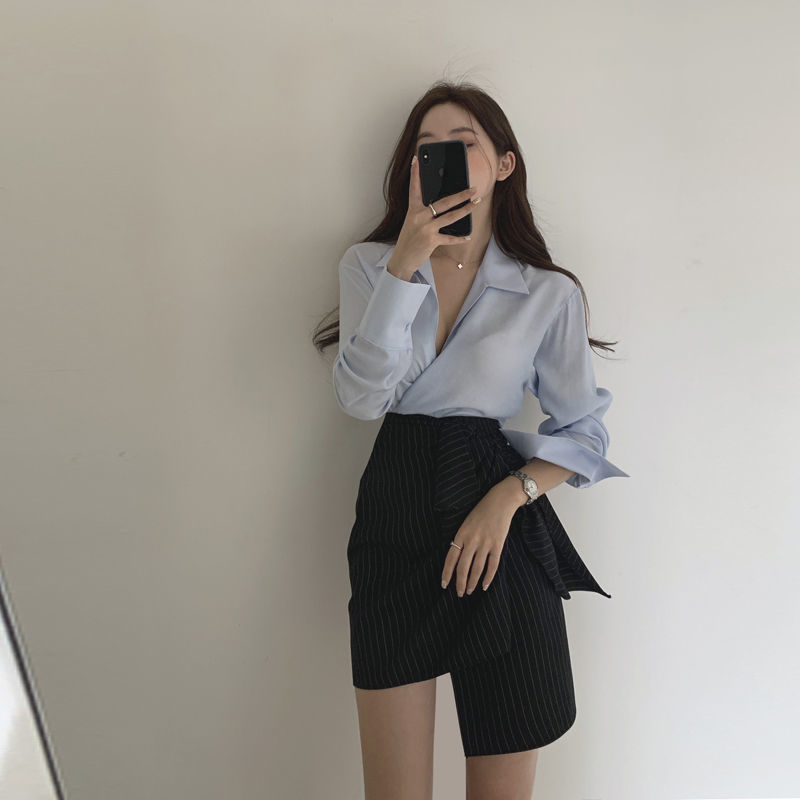 Women's Shirt Fashion High Waist A- Line Skirt Slimming Two-piece Suit