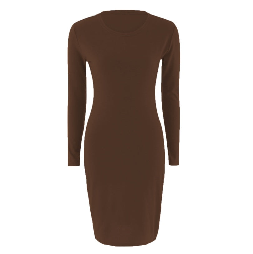 Solid color long - sleeved butt-wrap dress
