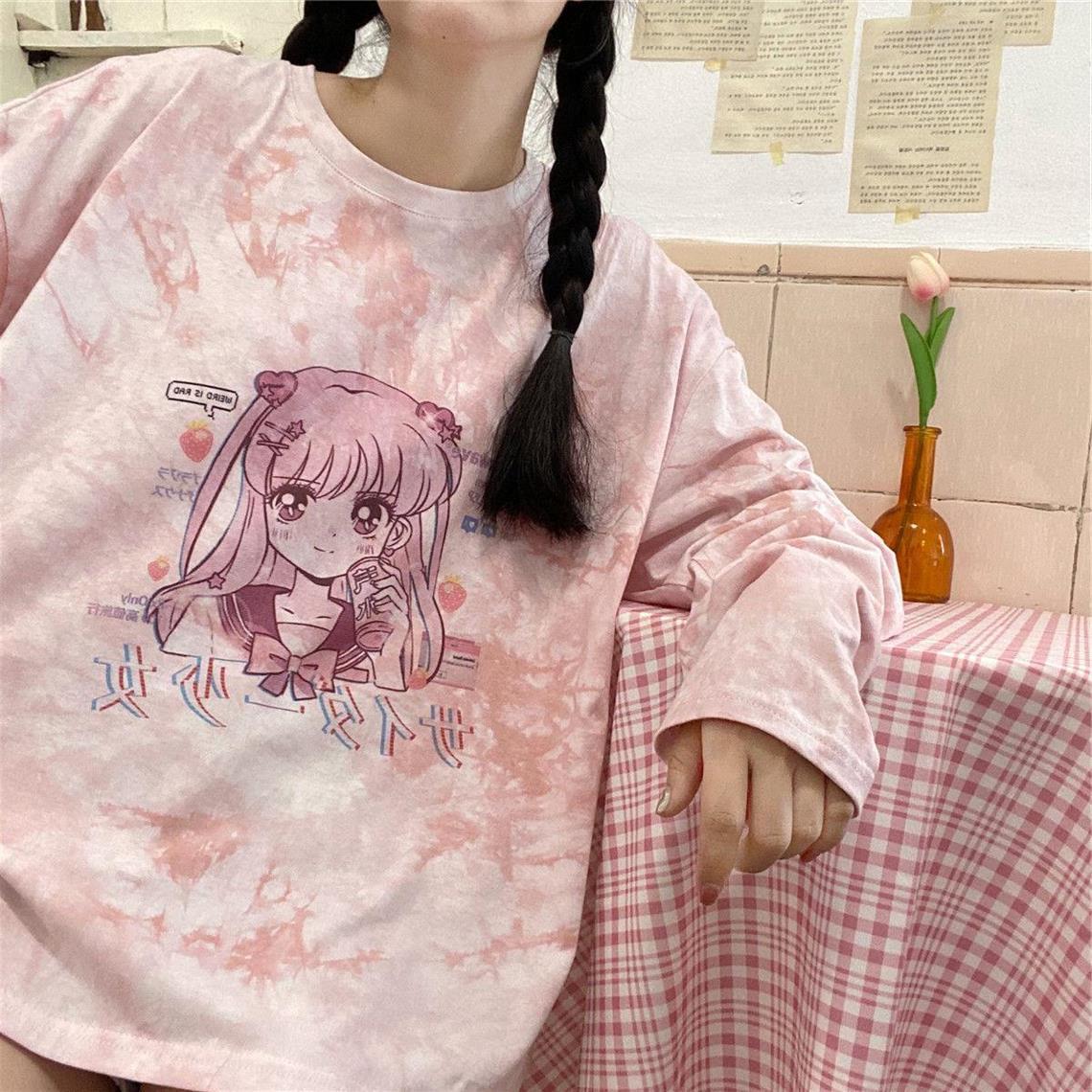 Loose Cartoon Comic Girl Print Round Neck Long Sleeve