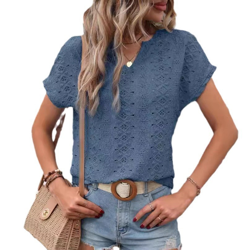 Camiseta informal de manga corta con escote en V calado y mangas cortas para mujer