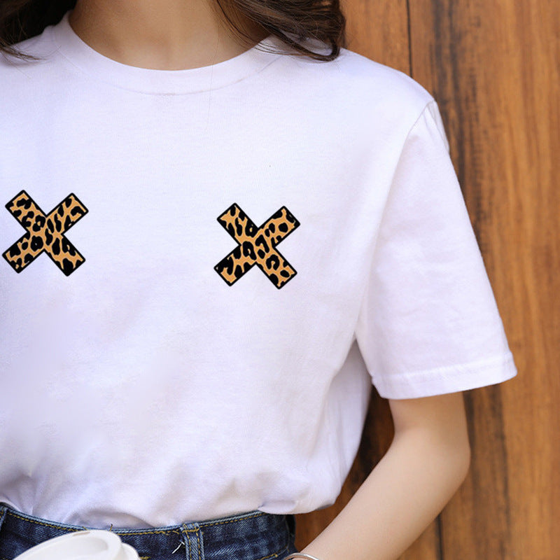 Leopard Pattern Print Ladies Simple Round Neck Short Sleeve T-shirt