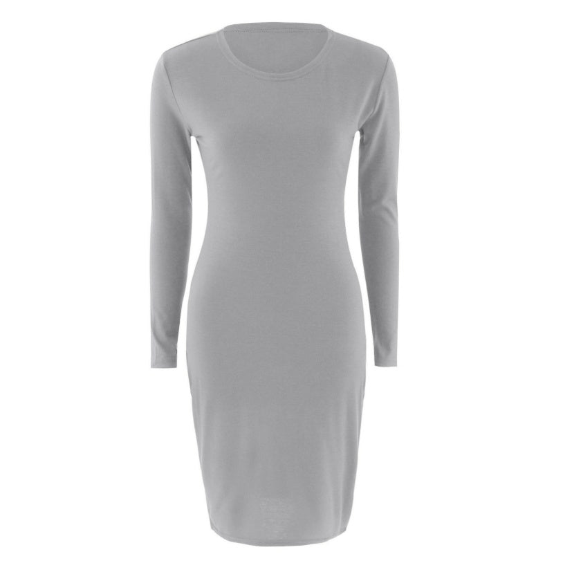 Solid color long - sleeved butt-wrap dress