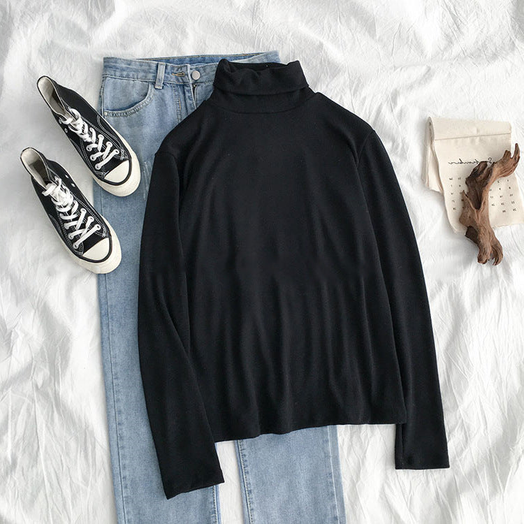 New Spring, Autumn And Winter Black Striped Bottoming Shirt Tops High-Necked Inner Wear Plus Velvet Thickening Bottoming Shirt Women