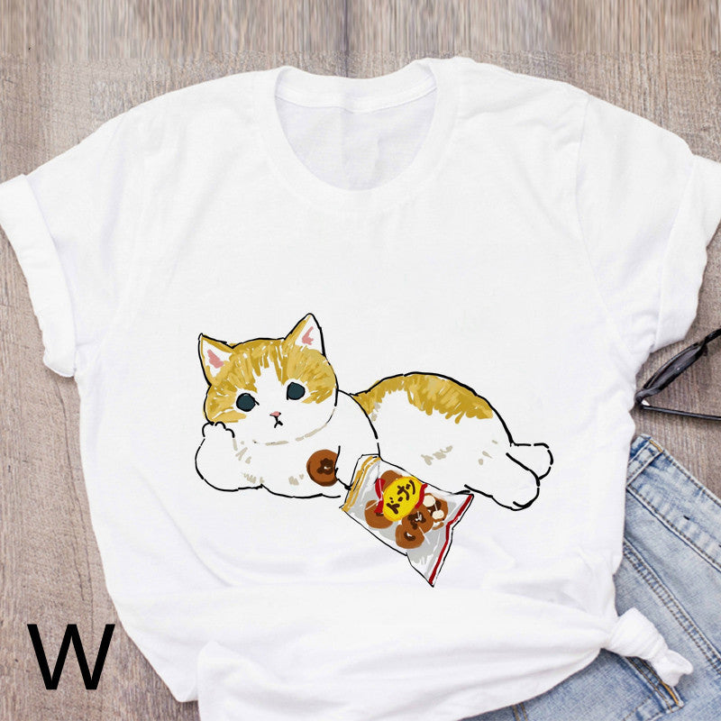 Personalized Cartoon Polite Cat Print Fashion Girlfriend Couple T-Shirt