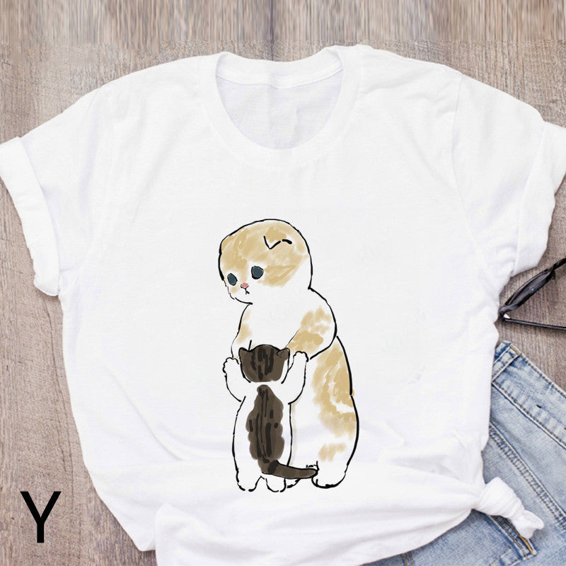 Personalized Cartoon Polite Cat Print Fashion Girlfriend Couple T-Shirt