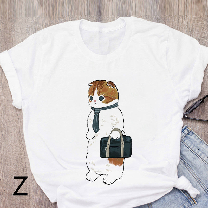 Personalized Cartoon Polite Cat Print Fashion Girlfriend Couple T-Shirt