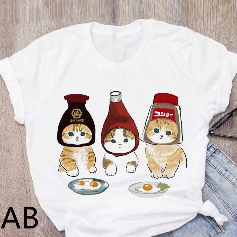 Personalized Cartoon Polite Cat Print Fashion Girlfriend Couple T-Shirt