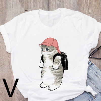 Personalized Cartoon Polite Cat Print Fashion Girlfriend Couple T-Shirt