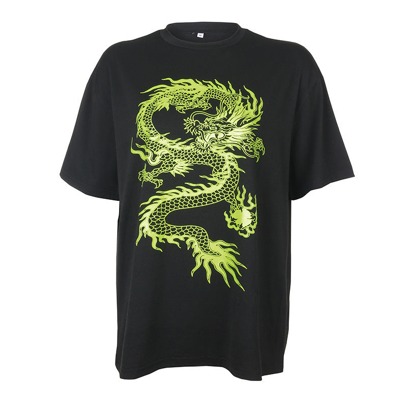 Long print loose medium length short sleeve T-shirt
