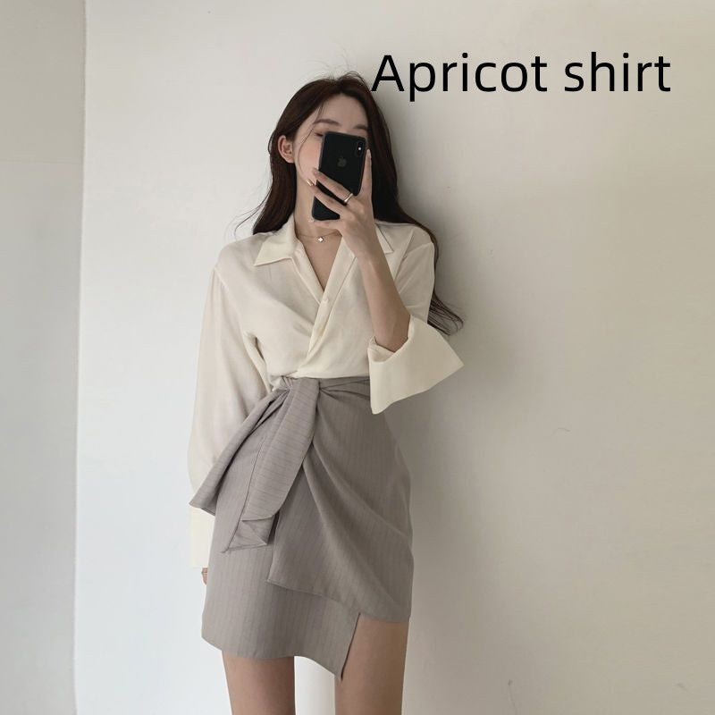Women's Shirt Fashion High Waist A- Line Skirt Slimming Two-piece Suit