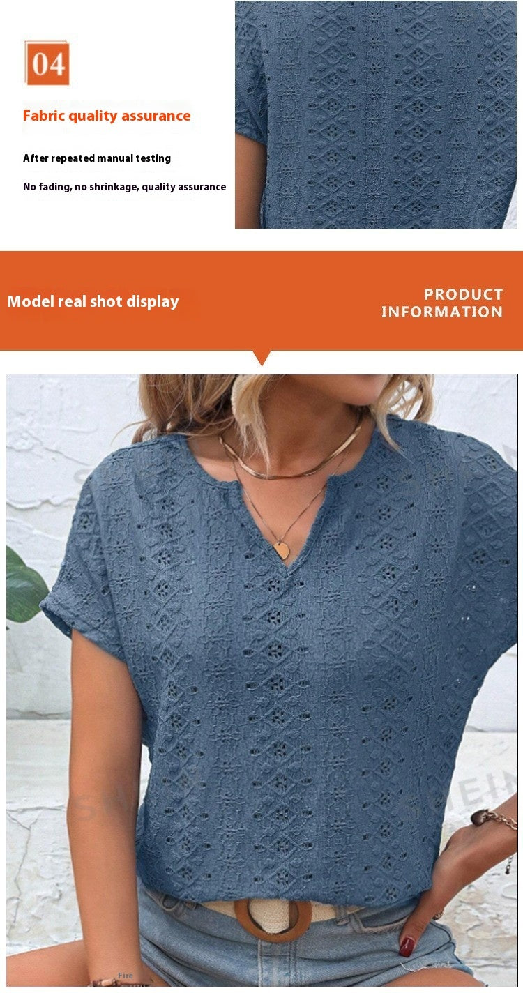 Camiseta informal de manga corta con escote en V calado y mangas cortas para mujer