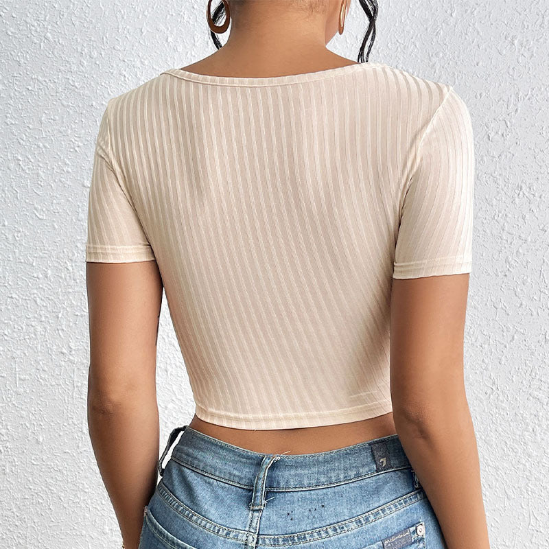 Blusa de cuello cuadrado con cordones y canalé de rayas hundidas para mujer