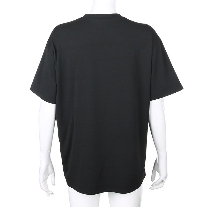 Long print loose medium length short sleeve T-shirt