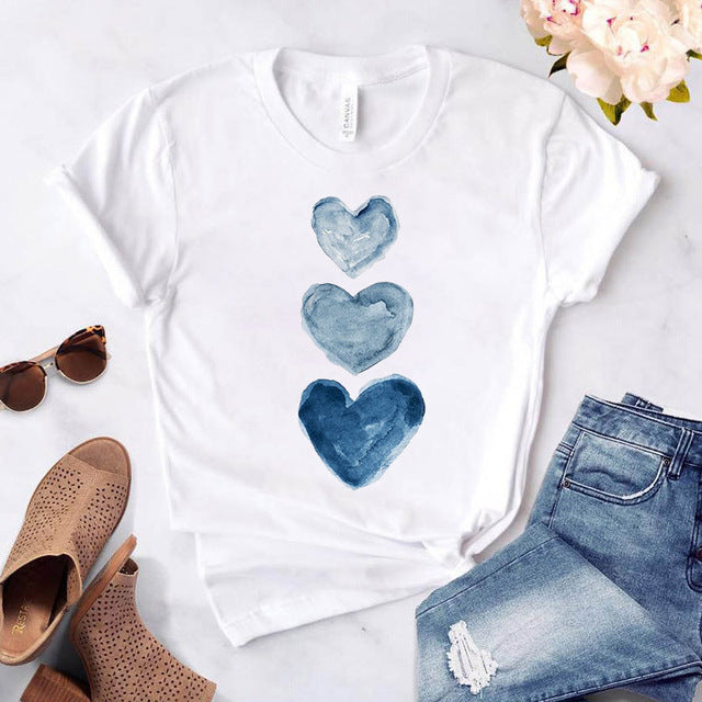 Women's Heart-shaped Flower Print Round Neck Short Sleeve