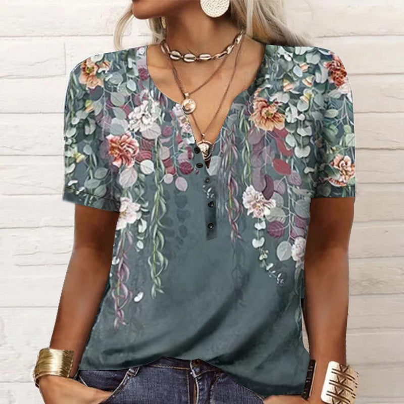 Camiseta étnica de moda con estampado de manga corta para mujer