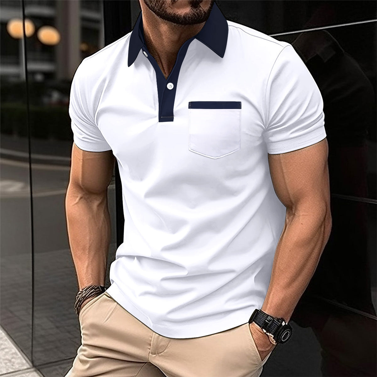 جيب على الصدر نحيف بأكمام قصيرة للرجال