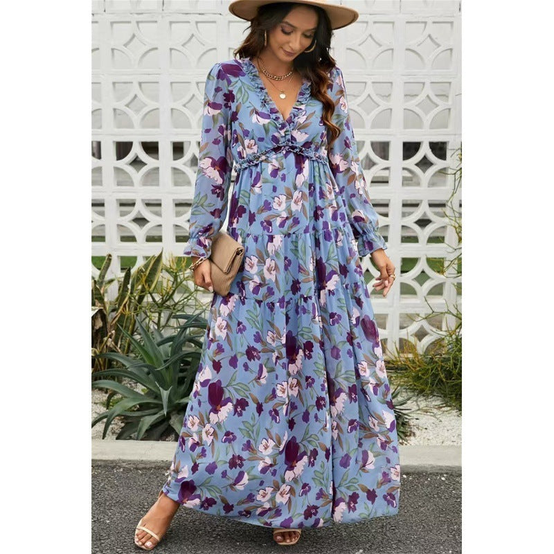 Women's Ruffled Layered Long Sleeve Dress Floral Pullover