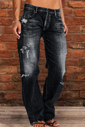 Women's Denim Trend Mid Waist Ripped Leisure Straight-leg Pants