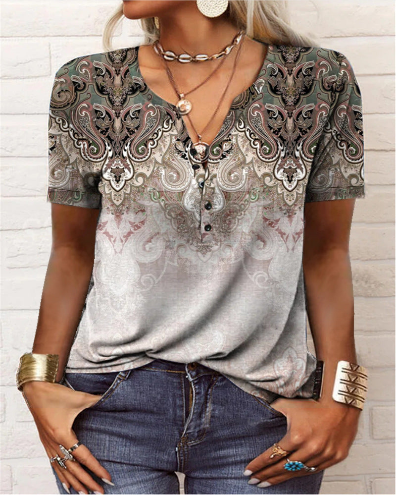 Camiseta étnica de moda con estampado de manga corta para mujer