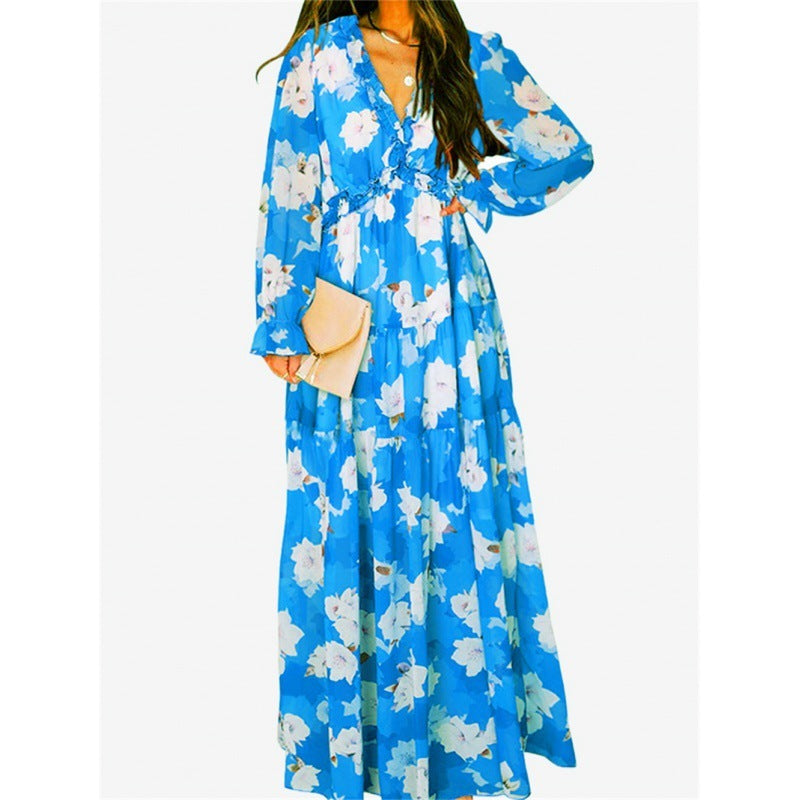 Women's Ruffled Layered Long Sleeve Dress Floral Pullover