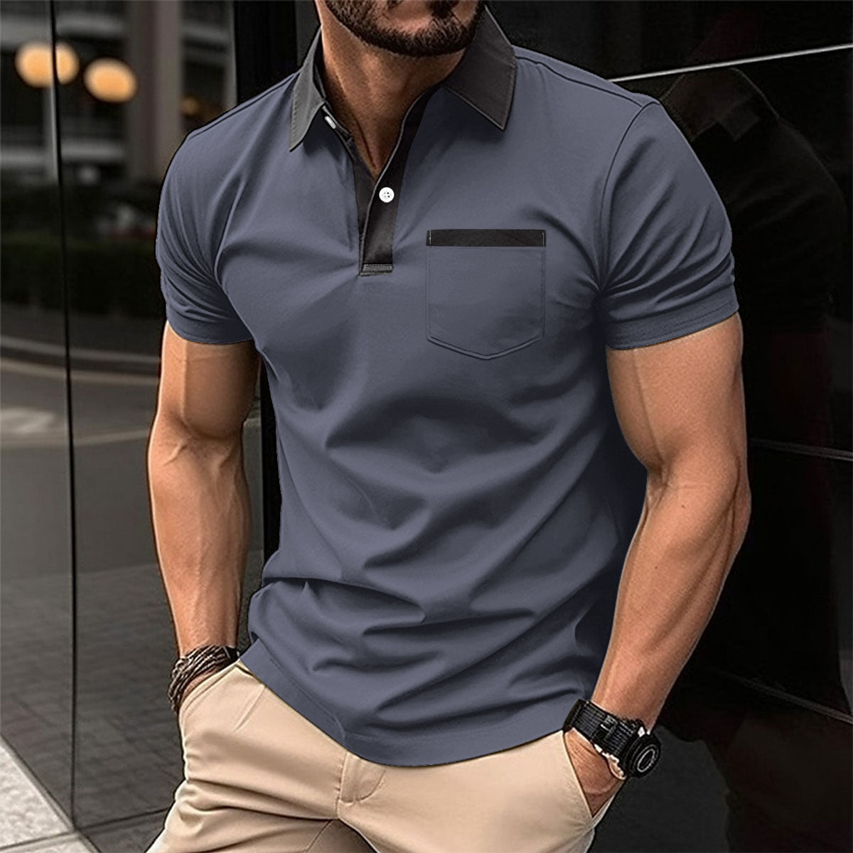 جيب على الصدر نحيف بأكمام قصيرة للرجال