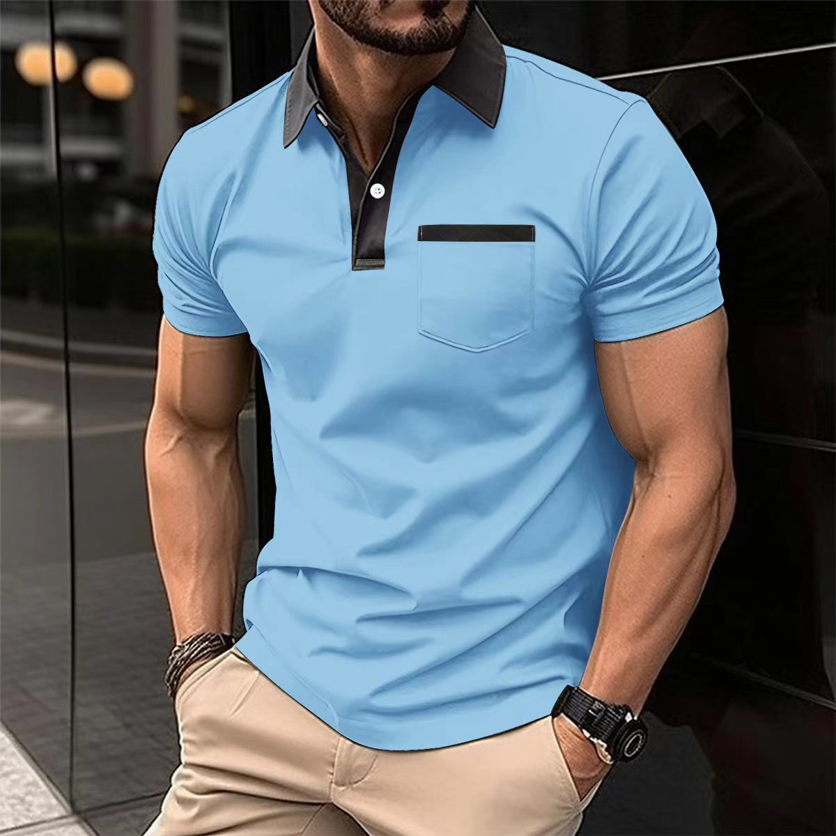 جيب على الصدر نحيف بأكمام قصيرة للرجال