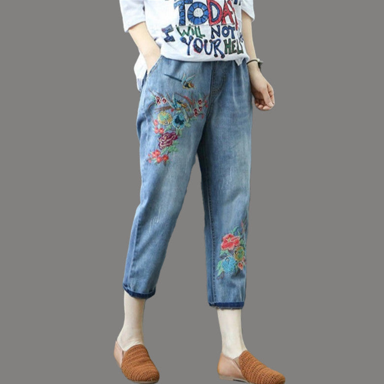 Women's Denim Cropped Harem Pants Loose