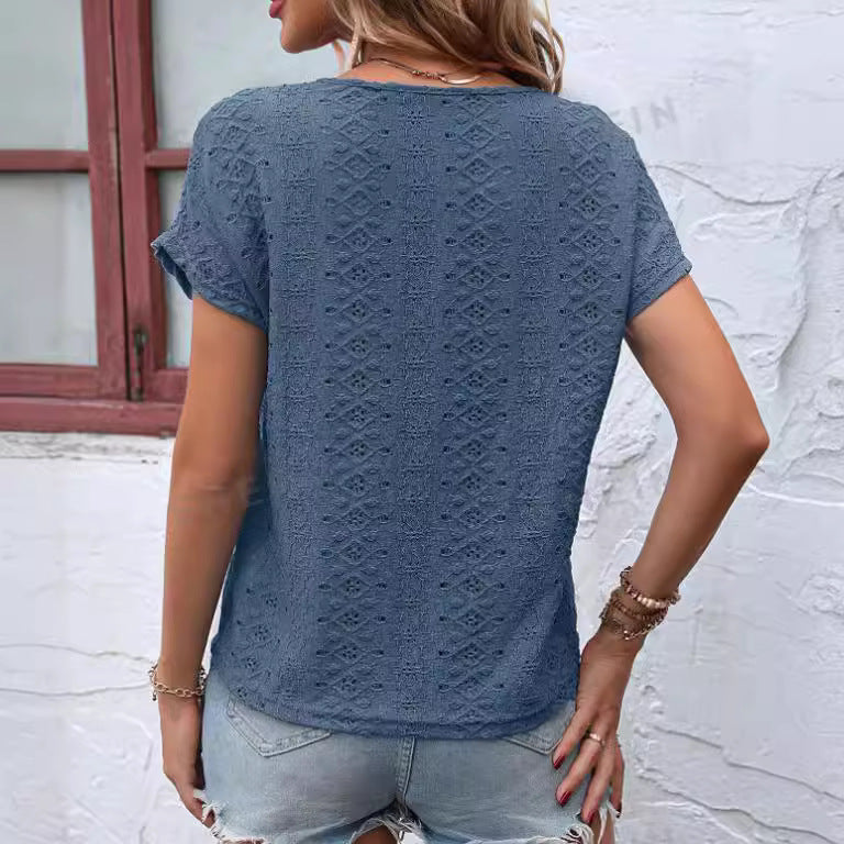 Camiseta informal de manga corta con escote en V calado y mangas cortas para mujer