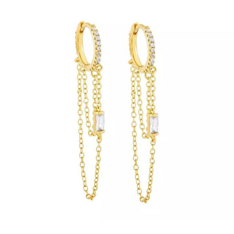 Silver Needle Chain Tassel Design Micro-inlaid Color Zircon EAll-match Earrings