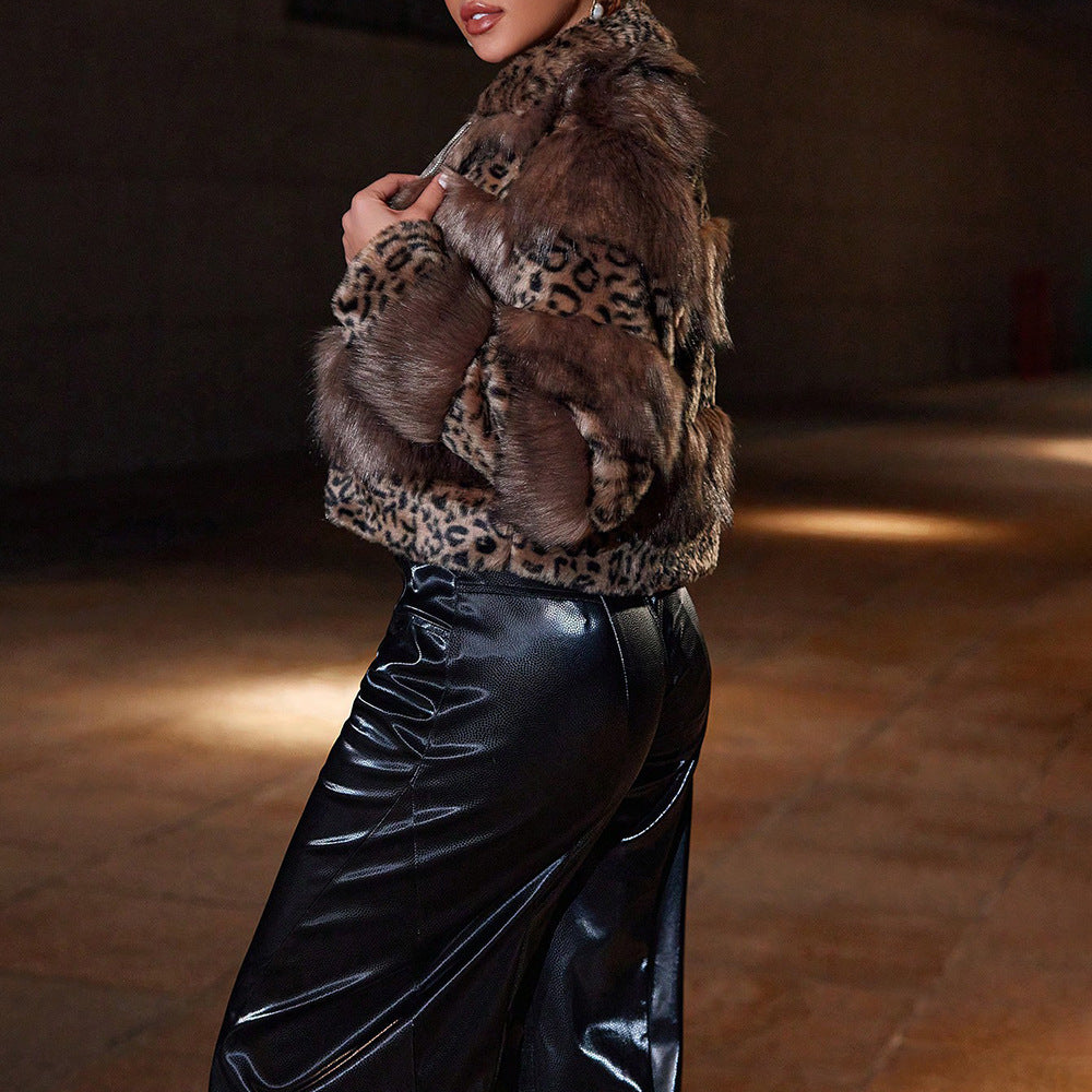 Retro Hot Girl Style Leopard Print Stitching Faux Fur Coat