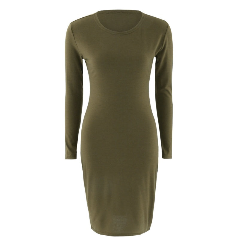 Solid color long - sleeved butt-wrap dress