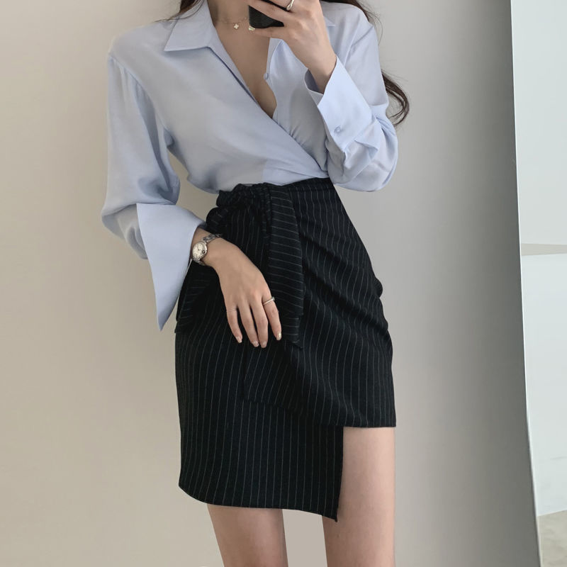 Women's Shirt Fashion High Waist A- Line Skirt Slimming Two-piece Suit