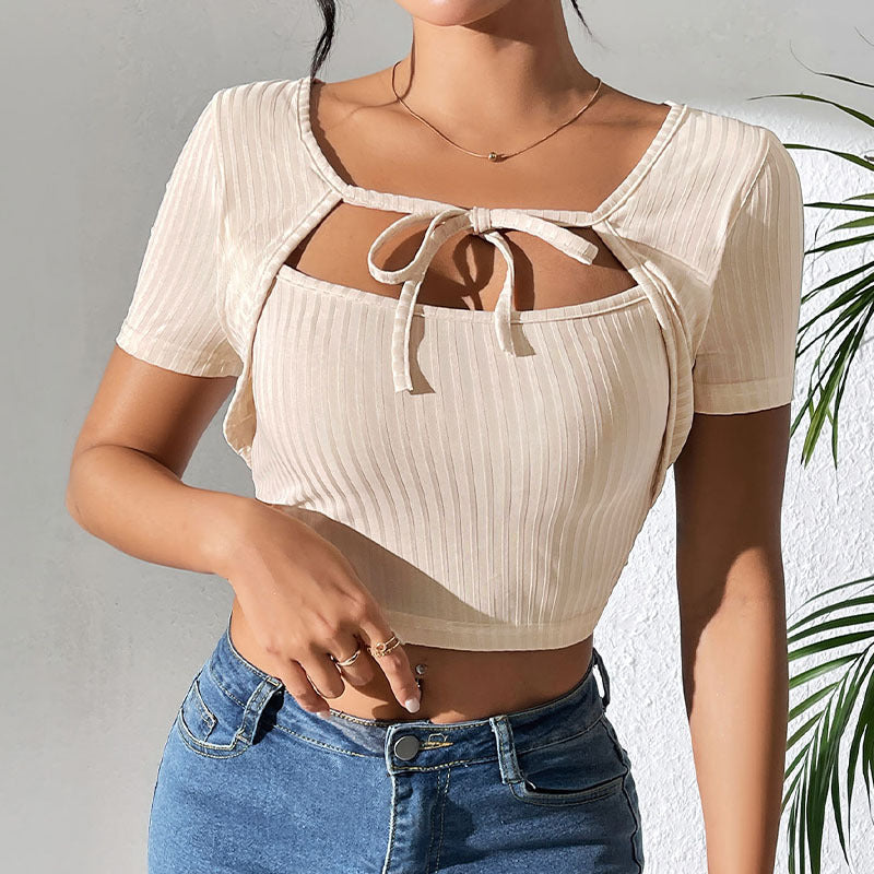 Blusa de cuello cuadrado con cordones y canalé de rayas hundidas para mujer
