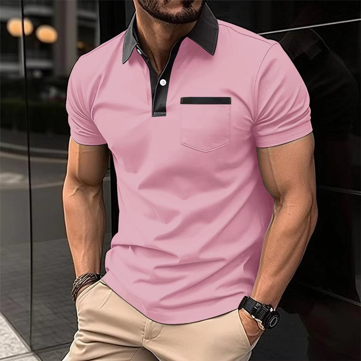 جيب على الصدر نحيف بأكمام قصيرة للرجال