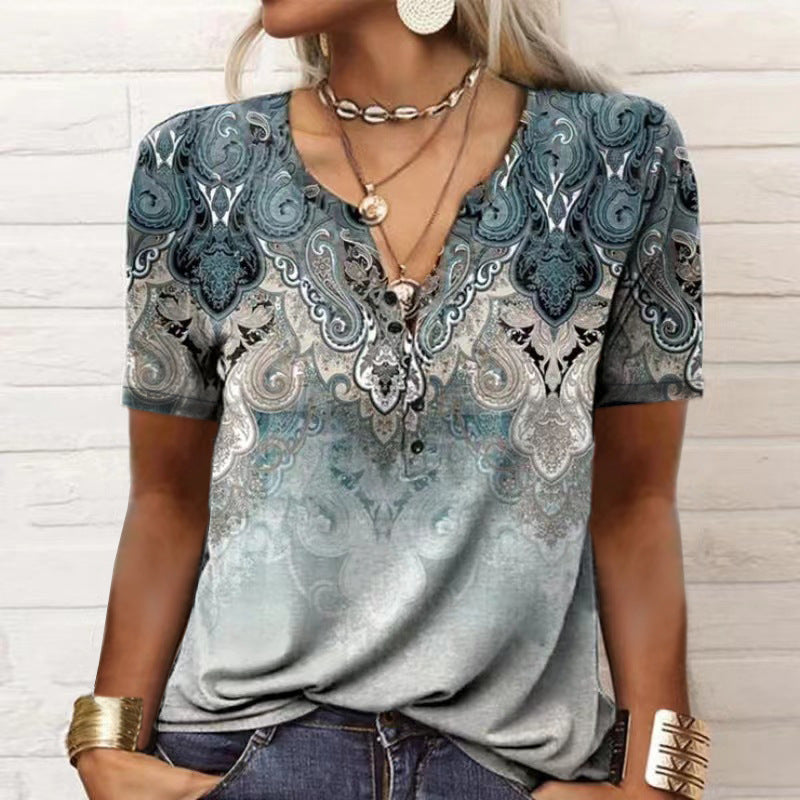 Camiseta étnica de moda con estampado de manga corta para mujer