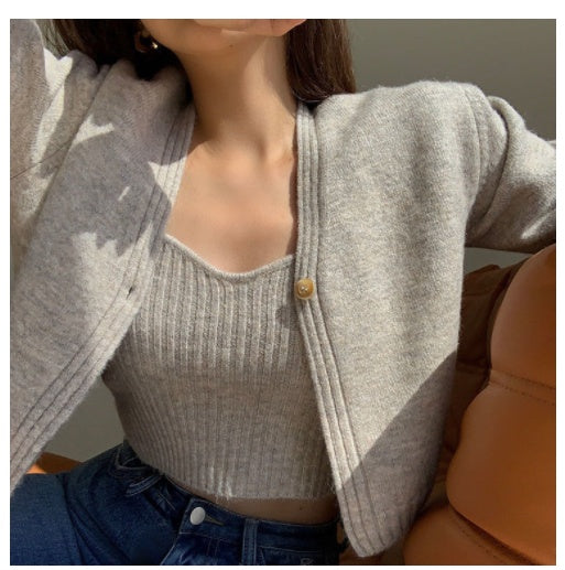 Autumn And Winter Korean Version Of V Neck Solid Color Sweater Knit Suit