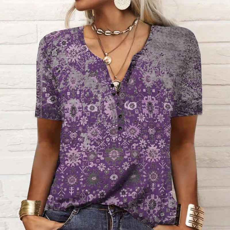 Camiseta étnica de moda con estampado de manga corta para mujer