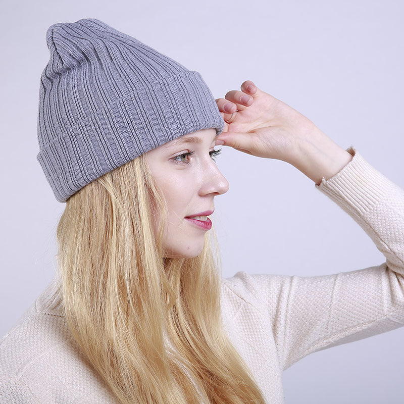 Solid Color Straight Stripe Curling Double Layer Warmth Ladies Woolen Hat