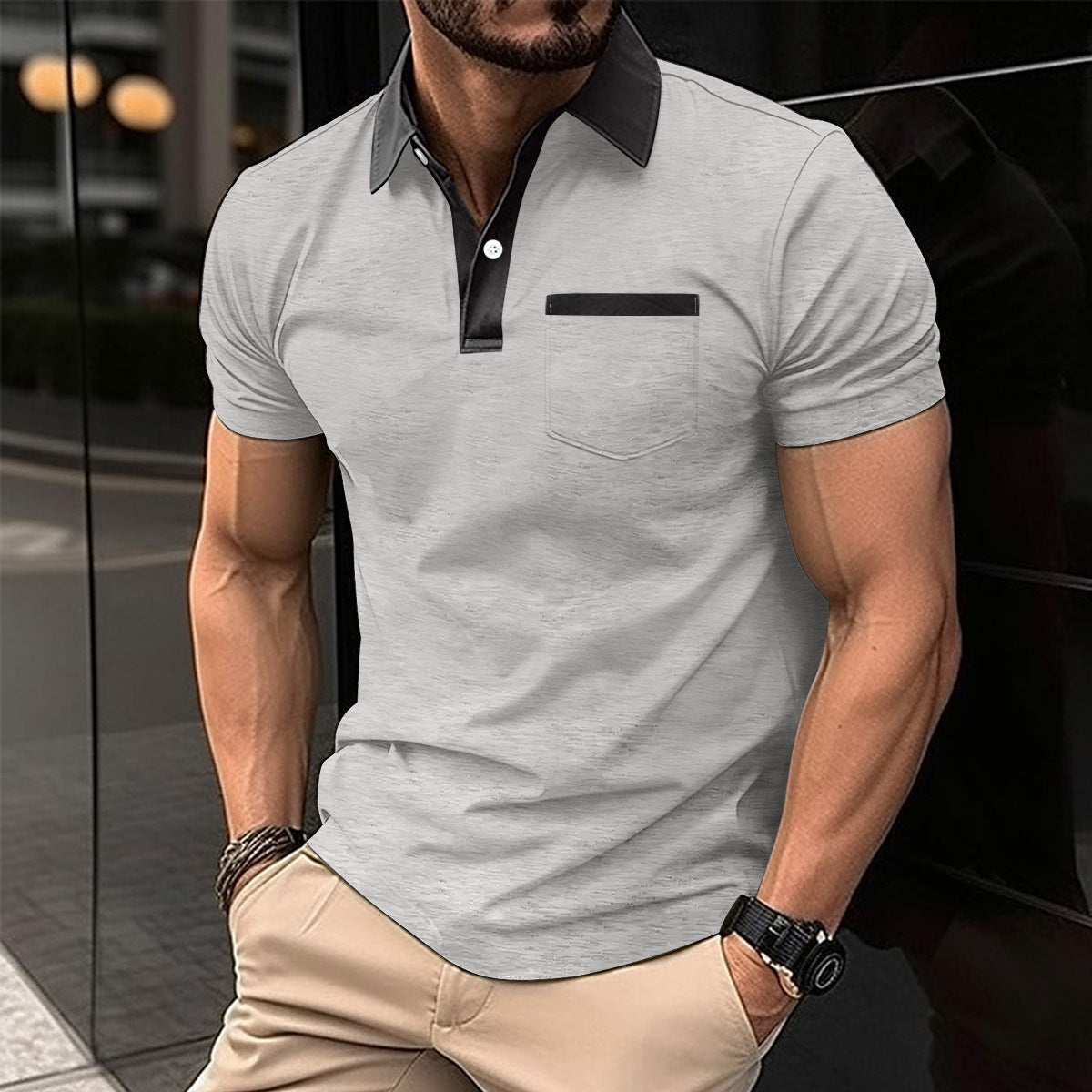 جيب على الصدر نحيف بأكمام قصيرة للرجال