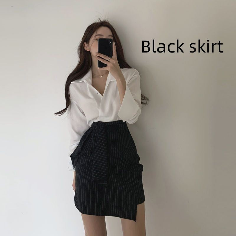 Women's Shirt Fashion High Waist A- Line Skirt Slimming Two-piece Suit