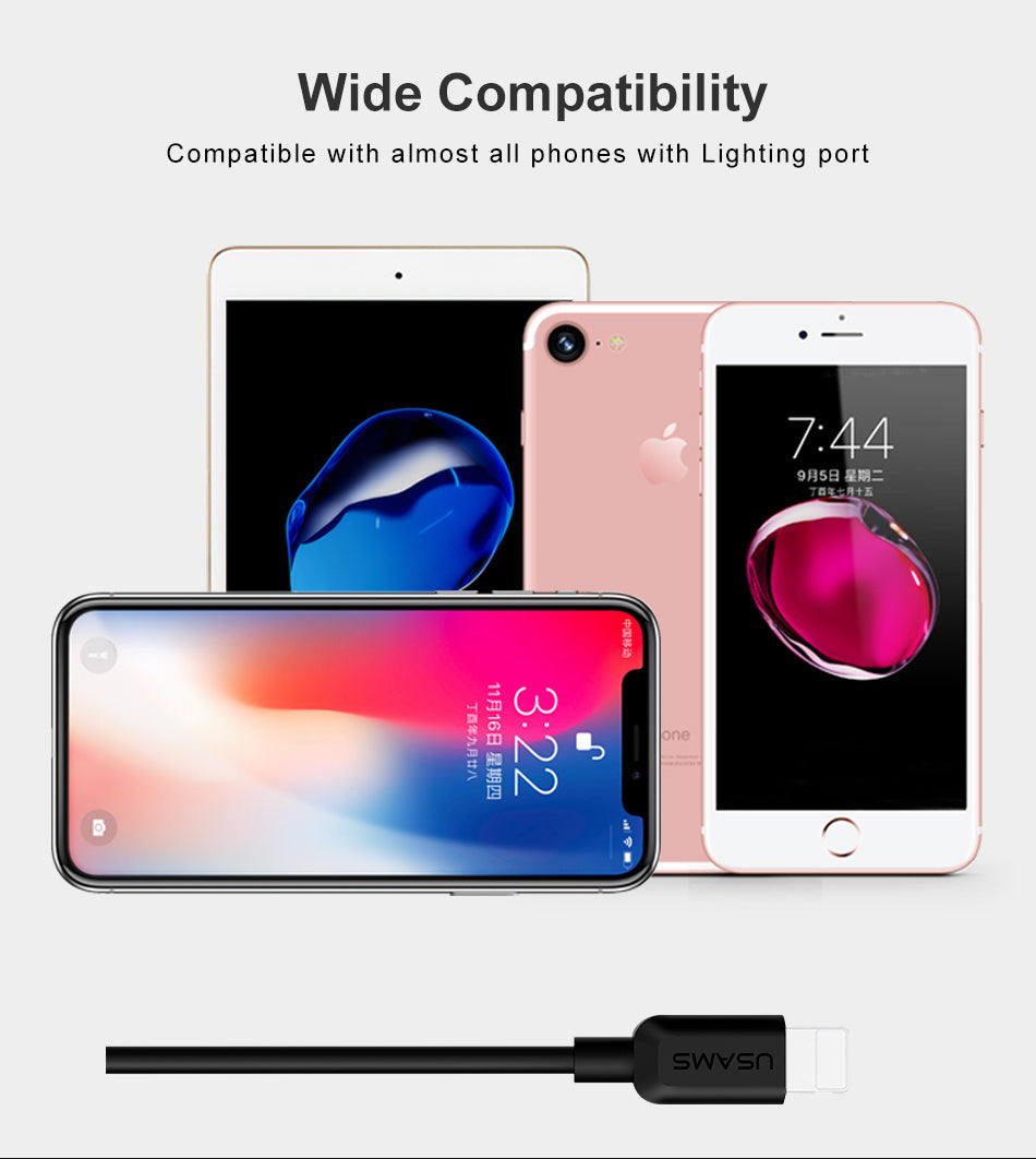 متوافق مع كابل USB لشاحن X 8 7 6 6s Plus 5 5s SE، كابل بيانات USB للجوال 2A 1M لكابل Lightning