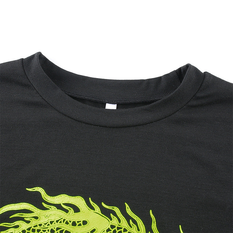 Long print loose medium length short sleeve T-shirt