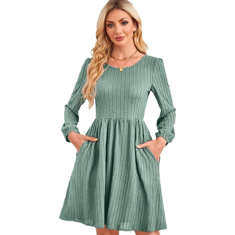 Round Neck Pocket Knitted Sweater Long Sleeve A- Line Dress