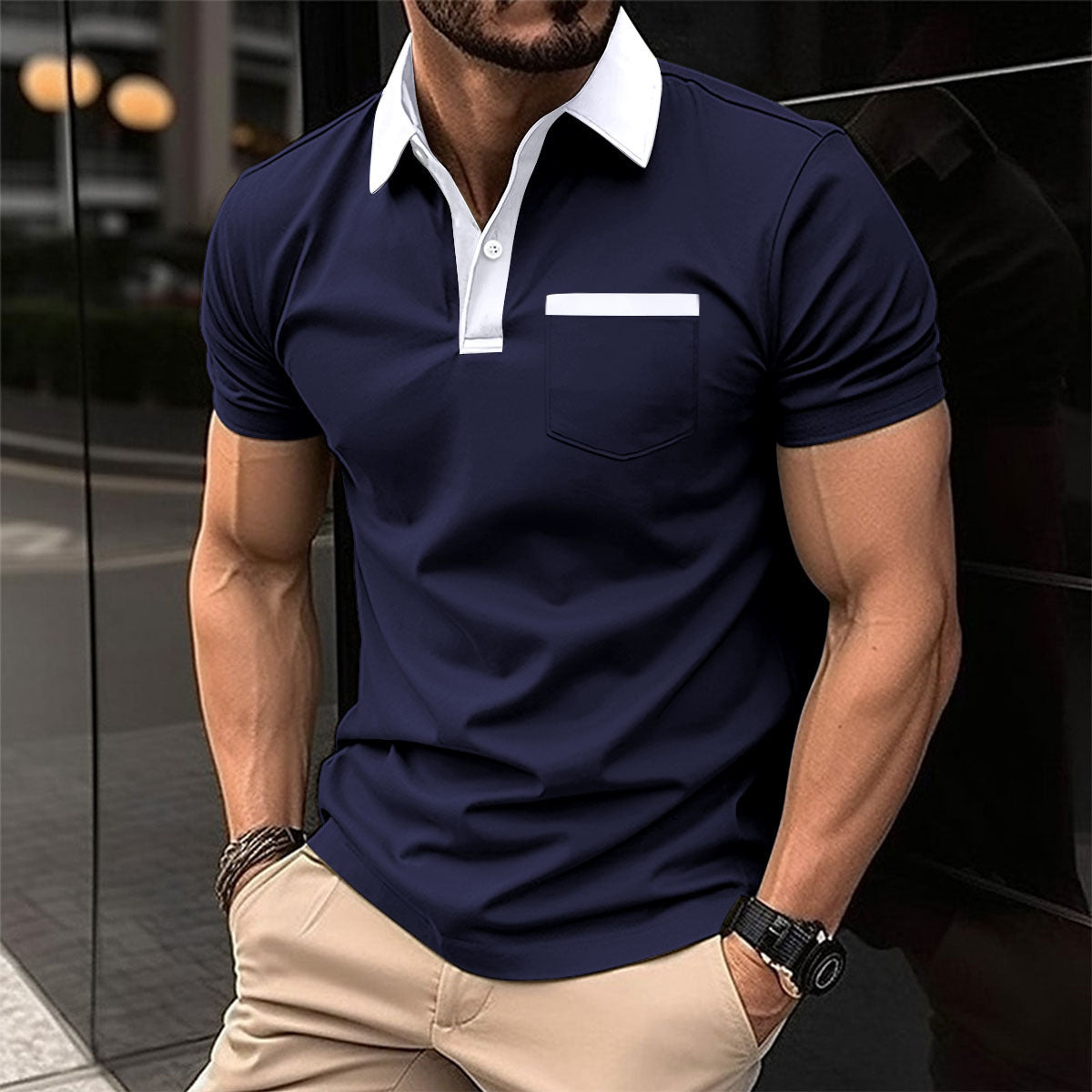 جيب على الصدر نحيف بأكمام قصيرة للرجال