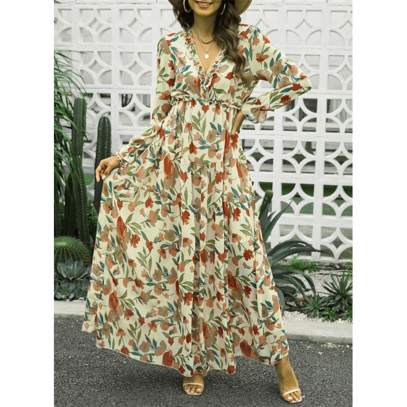 Women's Ruffled Layered Long Sleeve Dress Floral Pullover