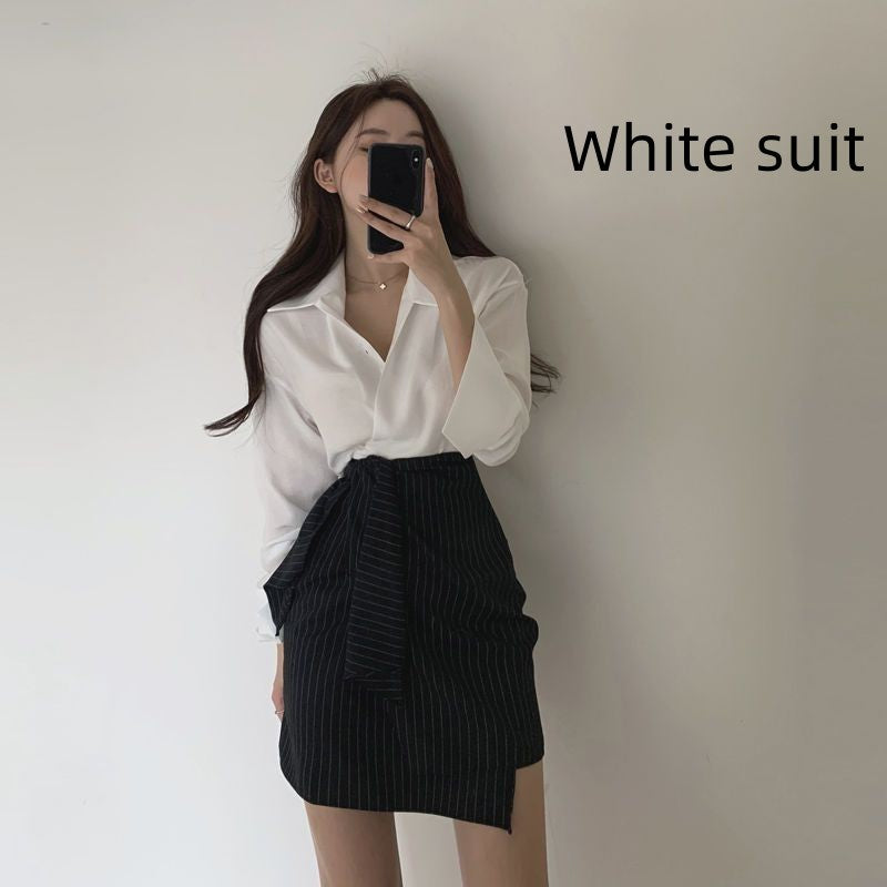 Women's Shirt Fashion High Waist A- Line Skirt Slimming Two-piece Suit