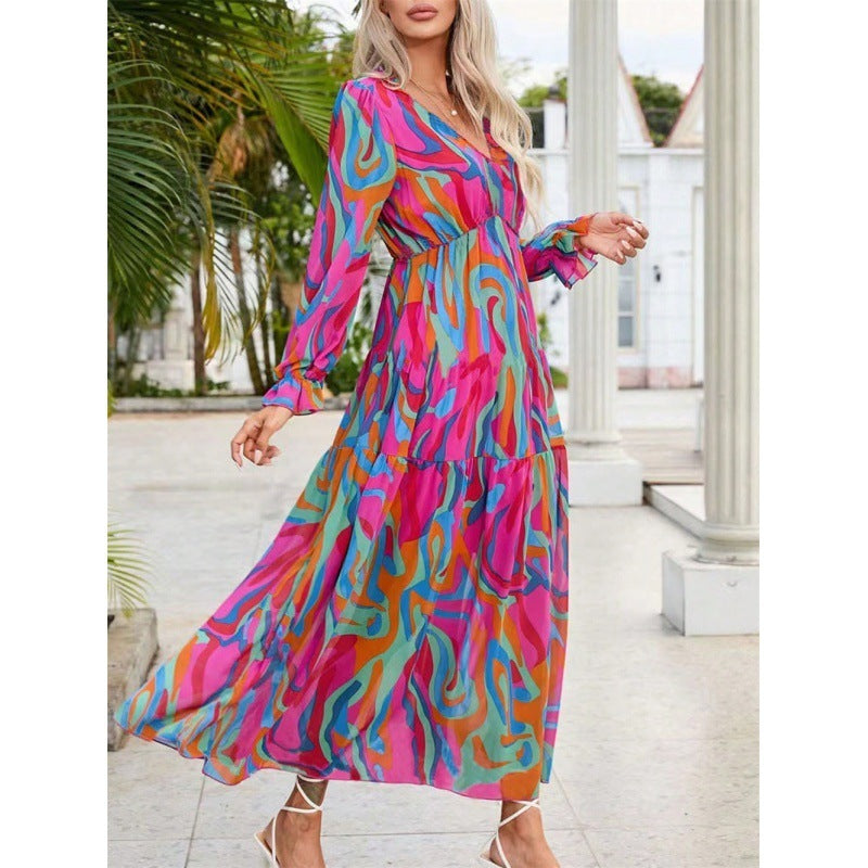 Women's Ruffled Layered Long Sleeve Dress Floral Pullover
