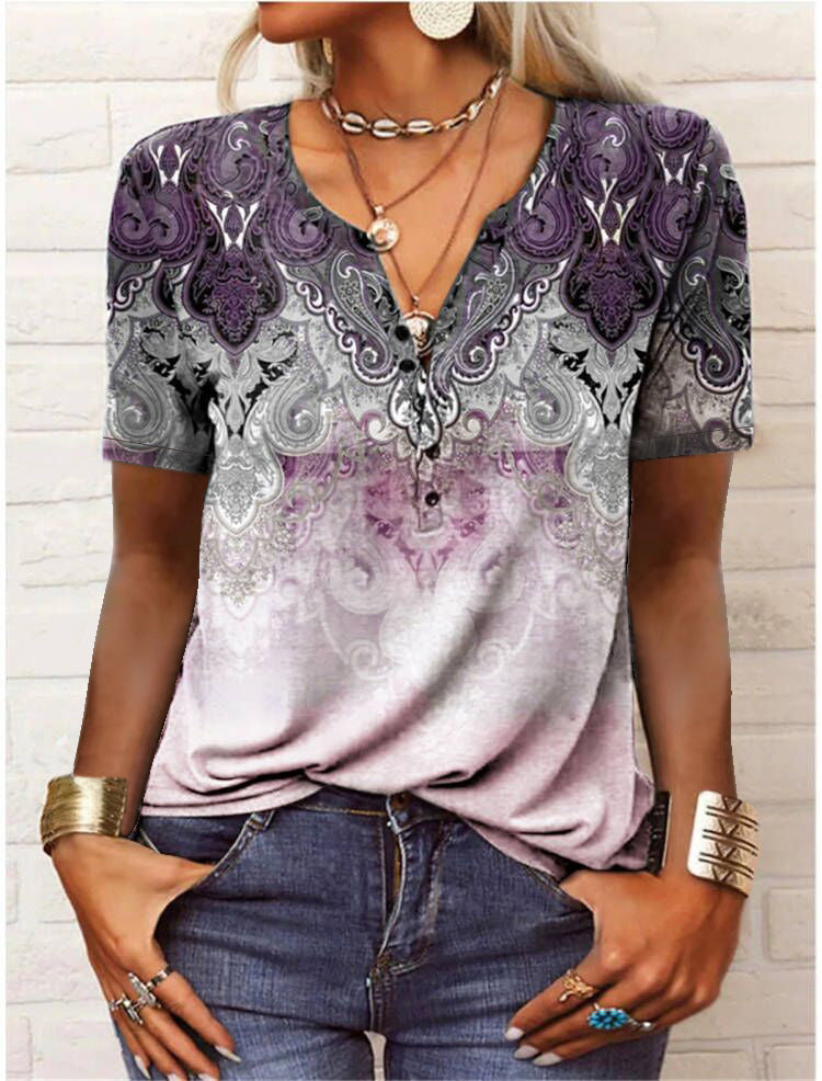 Camiseta étnica de moda con estampado de manga corta para mujer